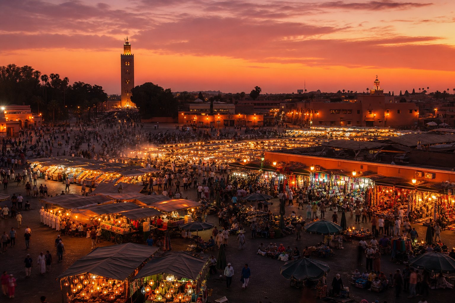 Médina et place Jemaa el-Fna à Marrakech au crépuscule